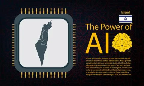 Israel map with microchip war and AI concept on circuit board, Power of AI .. Ilustração Stock