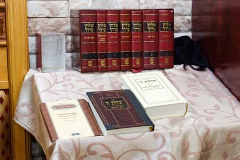 ISRAEL - Netanya, 02 May 2018: books in Hebrew in the synagogue in Israel Stock Photos