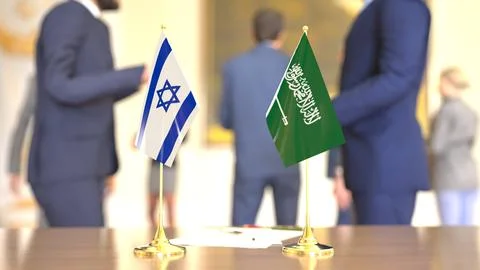 Israel - Saudi Arabia normalization talks with table flags, 3D rendering Stock Illustration