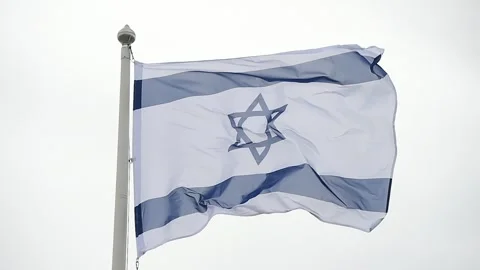 Israel state flag blown by the wind on a pole with clear sky on background 스톡 동영상 241510594