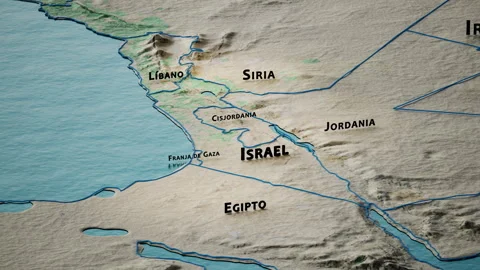 Israel stylized physical terrain map and neighboring countries (Spanish) Stock Footage 255720713