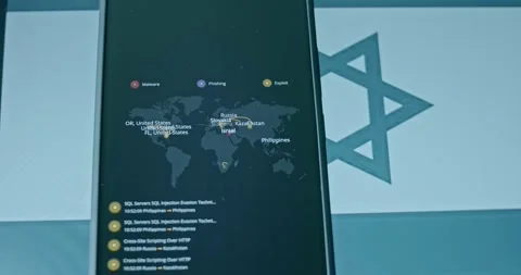 Israel as target for cyber attacks, live cyber threat map and Israel flag on Stock Footage 310845199
