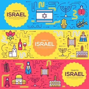 Israel  vector brochure cards thin line set. Country template of flyea Stock Illustration