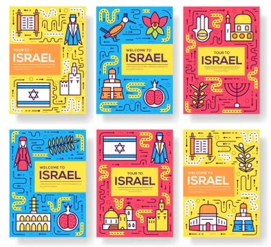 Israel  vector brochure cards thin line set. Country template of flyea Stock Illustration