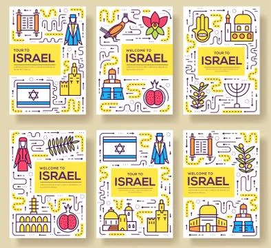 Israel  vector brochure cards thin line set. Country template of flyea Stock Illustration
