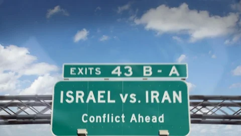 Israel vs Iran - Conflict Ahead Road Sign Stock Footage