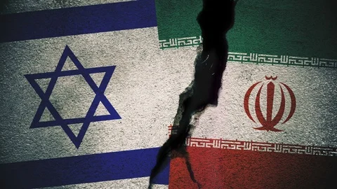 Israel vs Iran Flags on Cracked Wall Video stock 83001255