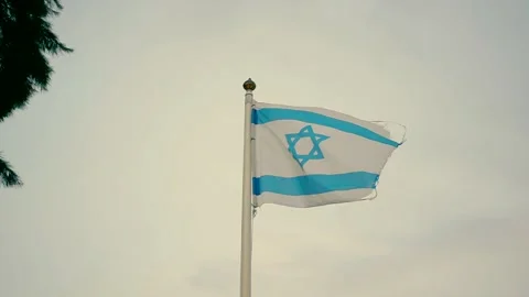 The Israeli flag flutters in the wind at a height Video stock 226783432