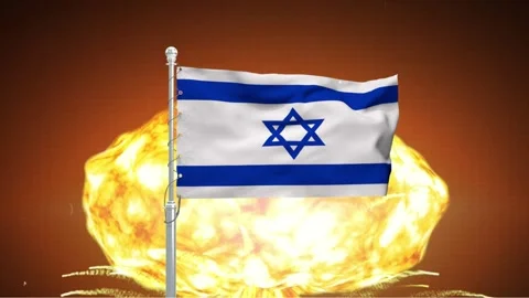 Israeli flag waving in front of massive nuclear explosion fireball backgrou.. Stock Footage 341868646