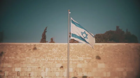 Israeli flag in the wind, Wailing Wall, Jerusalem, Israel Stock Footage