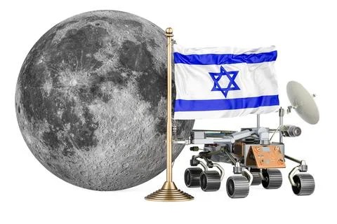 Israeli Lunar Exploration Program. Planetary rover with Moon and Israeli fl.. Stock-Illustration