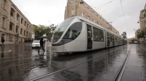Israeli train in the rain - wide angle Stock Footage 58316293