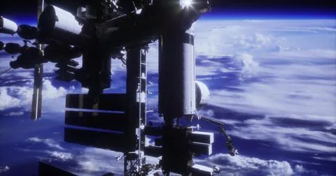 ISS floating in low Earth orbit with clouds in the background during daylight Stock Illustration