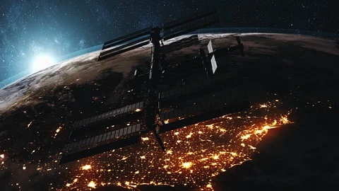 ISS rotate Earth atmosphere distant exploration Stock Footage 123739127