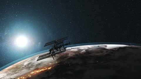 ISS rotate Earth atmosphere distant exploration Illustrazione stock