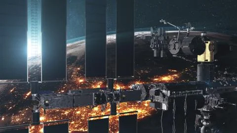 ISS with solar panel rotate over Earth atmosphere Illustrazione stock