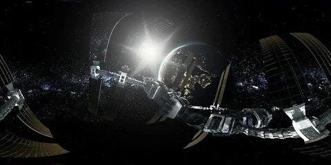 ISS in virtual reality 360 degree video. International Space Station Orbiting Stock Footage