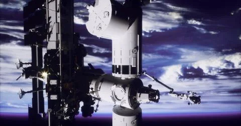 ISS visible in low Earth orbit against a backdrop of clouds Stock Illustration