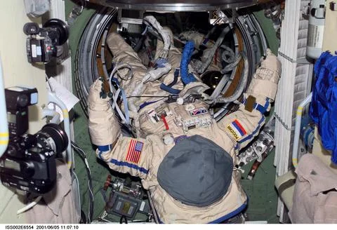 ISS002-E-6554 (5 June 2001) --- View of two Orlan spacesuits in the aft sec.. Stock Photos