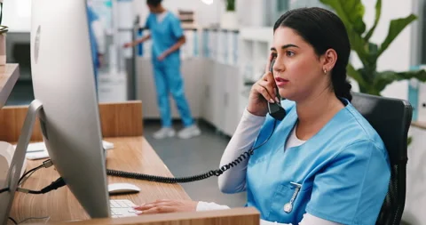 Issue, computer or doctor in clinic with phone call, booking error or patient Stock Footage 346464724