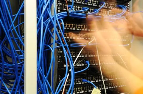 Issue with connectors and cables at sever room Stock Photos