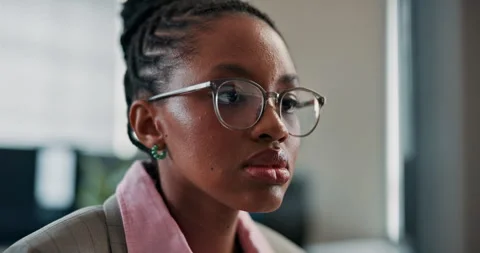 Issue, glasses or black woman in office with computer, bad review or update Stock Footage 346957836