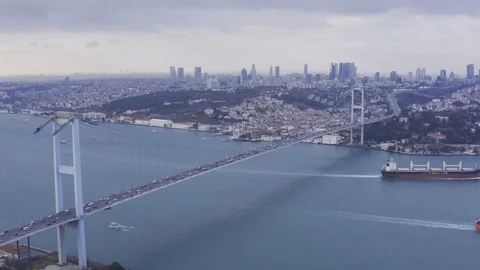 Istanbul Bosphorus Bridge Traffic and Cargo Ships Aerial View Stock Footage