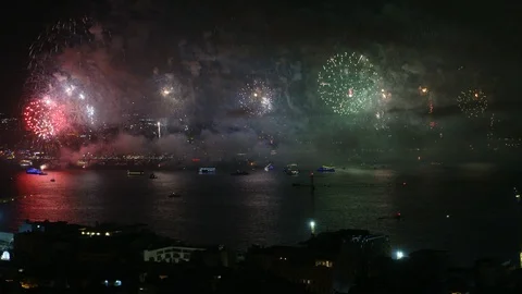 Istanbul Bosphorus Galata Tower Firework 3 Stock Footage 120908235
