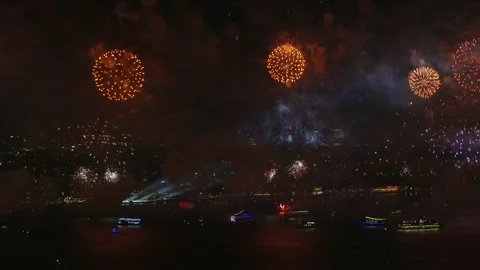 Istanbul Bosphorus Galata Tower Firework 2 Stock Footage 132974246
