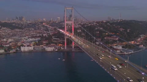Istanbul Cityscape and Bosphorus Bridge with big trafic. Aerial drone night view Stock Footage 332736256