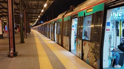 Istanbul Marmaray train at station platform at night, May 31, 2026 動画素材 336783321