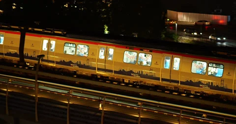 Istanbul metro train moving on elevated lane at night, tracking shot Stock Footage 318677357