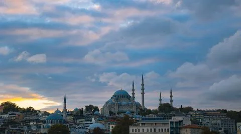 Istanbul mosques. Dramatic clouds and Suleymaniye Mosque at sunset Stock Photos
