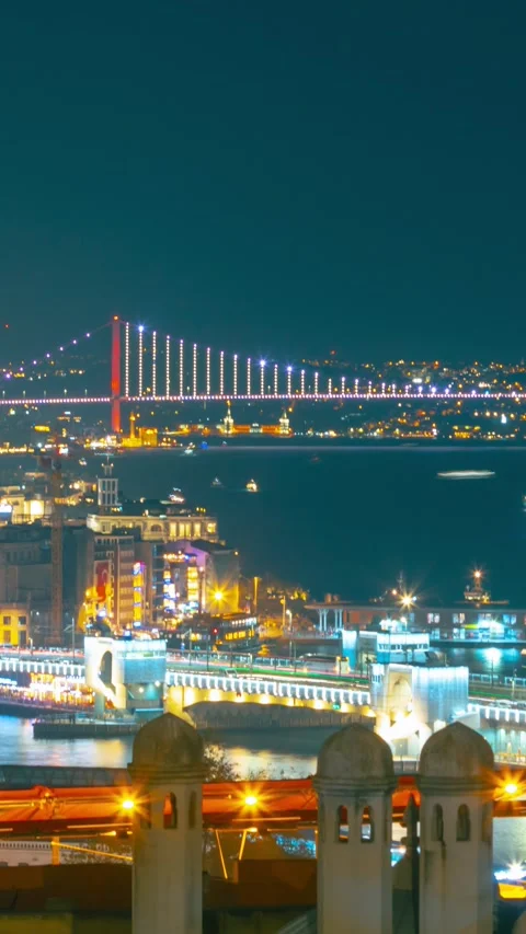 Istanbul night. Vertical time lapse footage of Istanbul with bridges and ferries Stock Footage 290848340