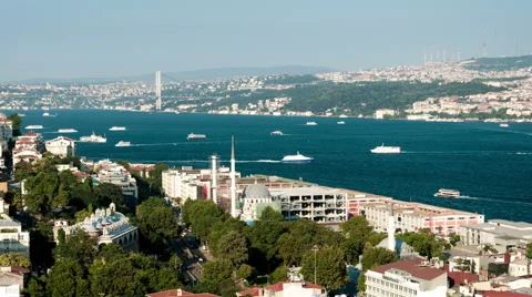 Istanbul. Panoramic view on Bosphorus strait. Easy vertical pan Stock Footage 65052952