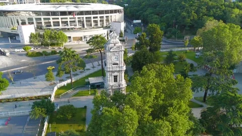 Istanbul, Turkey. Dolmabahce Clock Tower. Besiktas Stadium. On the shore of the Video stock 314488853