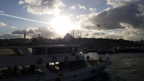 Istanbul, Turkey : Ferries in Bosphorus - sunset time , cityscape of Istanbul Stock Footage 129809999