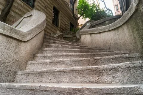 Istanbul, Turkey. Low angle view of Camondo Stairs, stone steps receding up.. Stock Photos