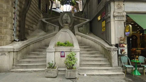 Istanbul, Turkey. View from below of almost empty Camondo Stairs, curved stone Stock Footage 333624712