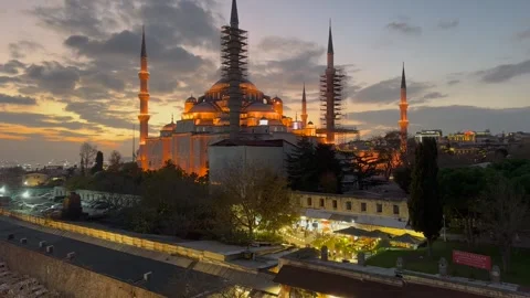 Istanbul. View of the Blue Mosque Sultan Ahmet Camii in sunset Stock Footage 328415537