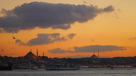Istanbul view at sunset and mosque silhouette Stock Footage 77327907