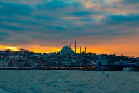 Istanbul view at sunset with dramatic clouds. Stock Photos