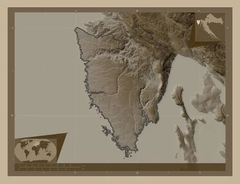 Istarska, Croatia. Elevation map colored in sepia tones with lakes and rivers 스톡 일러스트
