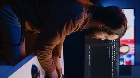 IT admin brainstorming ways of fixing database errors, working from home Stock Footage 265107443