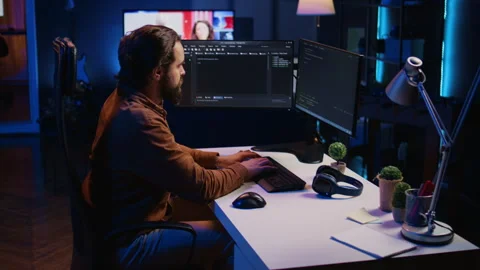 IT admin brainstorming ways of fixing database errors, working from home Stock Footage 265507043