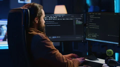 IT admin brainstorming ways of fixing database errors, working from home Stock Footage 265619139