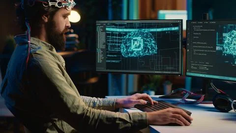 IT admin coding and using EEG headset to upload brain into computer 스톡 사진