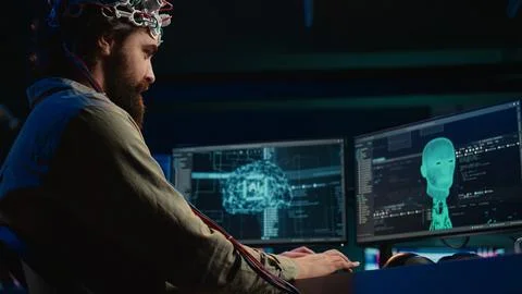 IT admin coding and using EEG headset to upload brain into computer Foto stock