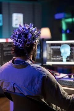 IT admin controlling computer functions using mind, helped by EEG headset Stock Photos