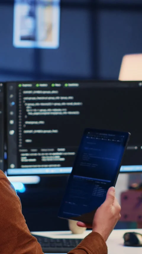 IT admin holding table, using it as reference while coding on computer Stock Footage 264510505